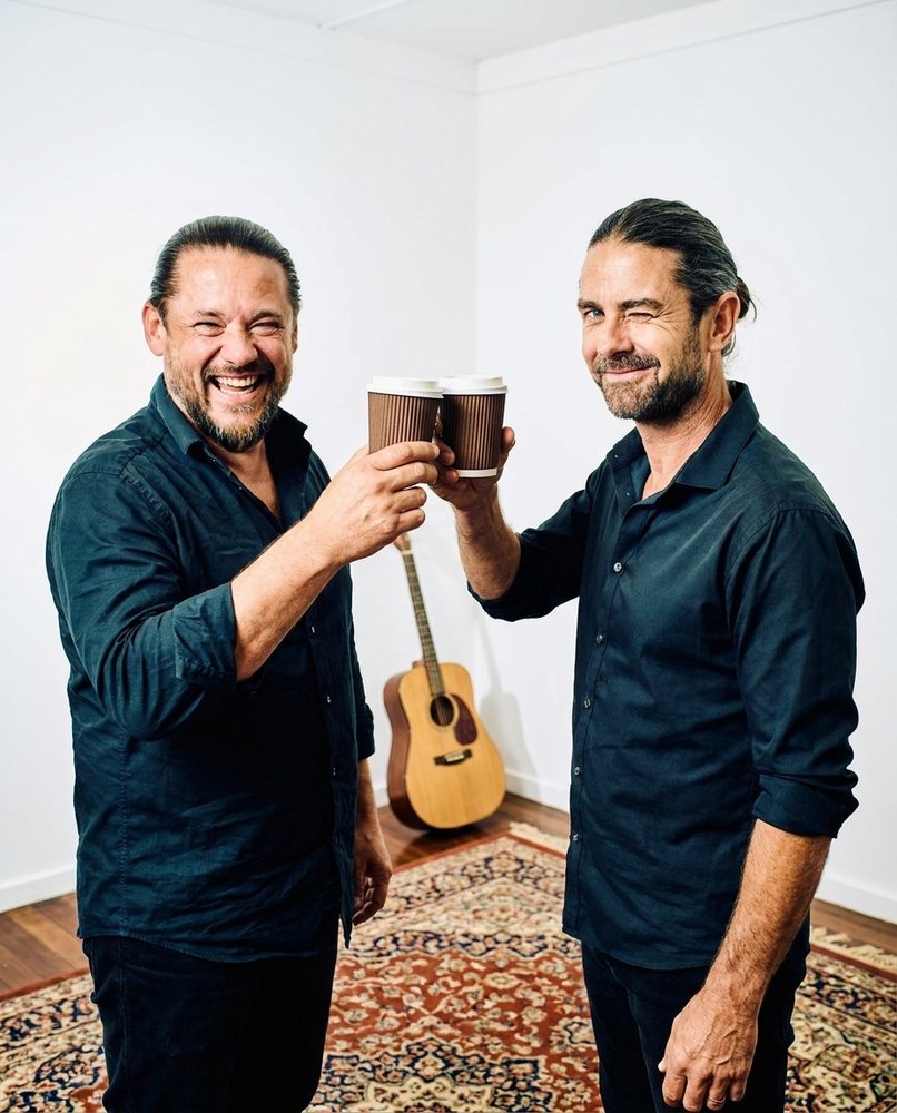 Danne och Mackan skålar med två kaffekoppar
